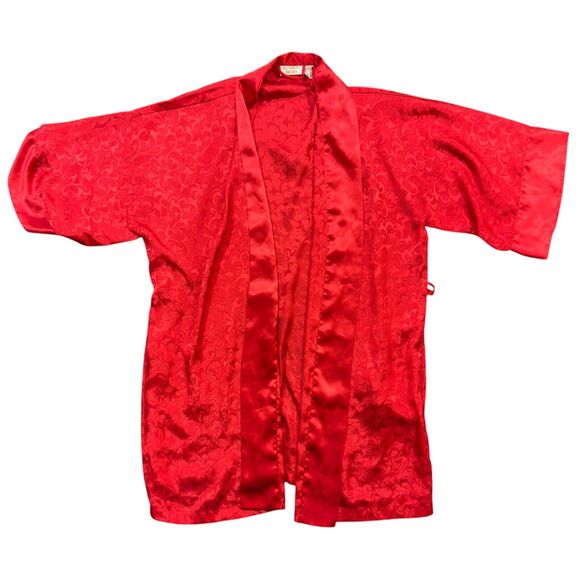 Victoria's Secret Robe Women One Size Red Satin Jacquard Print Casual Open Front - Picture 1 of 9